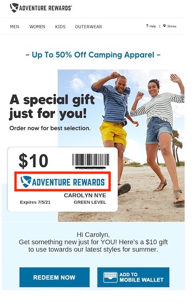 Screenshot from a mobile phone of an "Adventure Rewards" email from Eddie Bauer.
