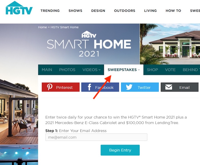 Screenshot of the HGTV sweepstakes web page.