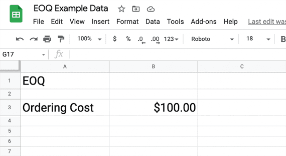 Screenshot of a Google Sheet showing the 0 ordering cost.