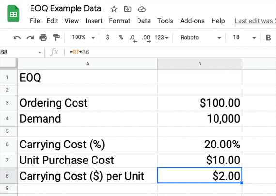 Screenshot of a Google Sheet showing the 0 ordering cost, 10,000 demand units, and carrying cost per unit..