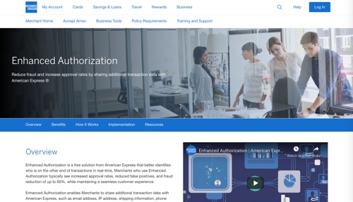 American Express home page showing Enhanced Authorization service