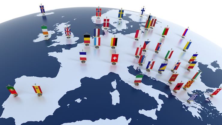 Map of Europe showing flags of the various countries