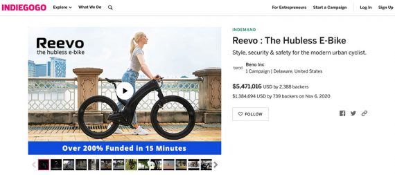 Screenshot of Indiegogo home page showing Reevo