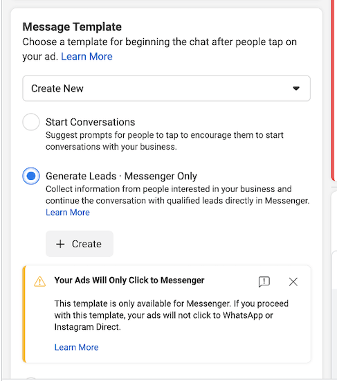 "generate leads" option selected in facebook messenger ad setup