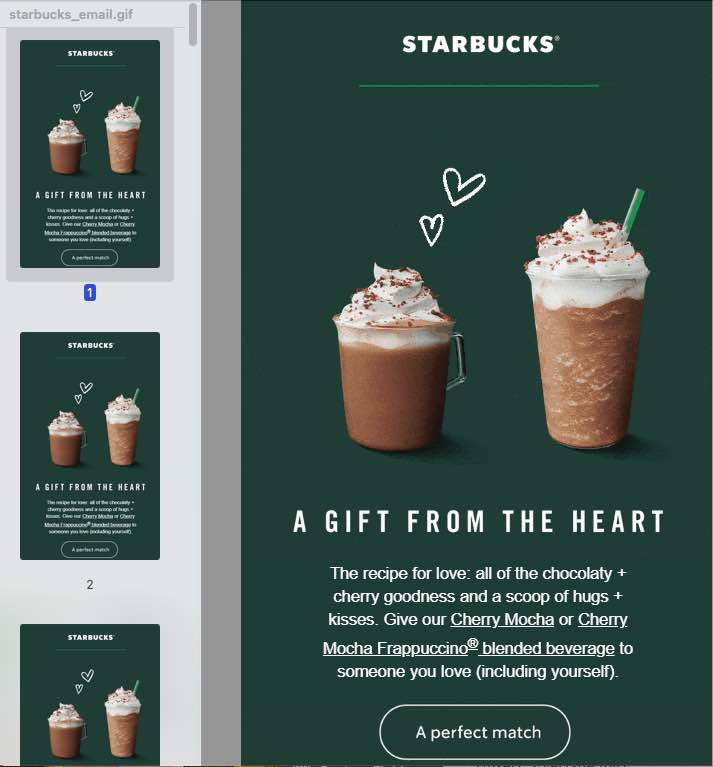 Screenshot of an animated GIF email from Starbucks showing all four pane.