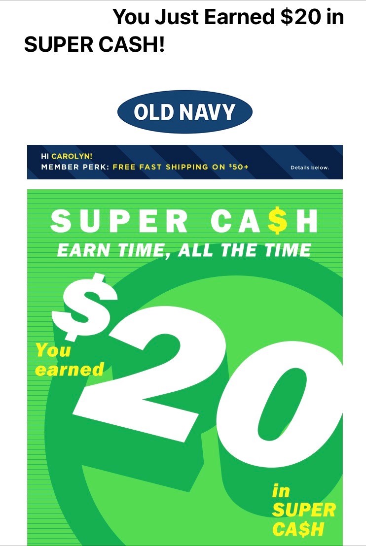 Screenshot of a Old Navy email with a  loyalty club reward. 