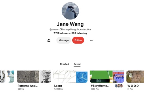 Screen capture of the Jane Wang Pinterest page