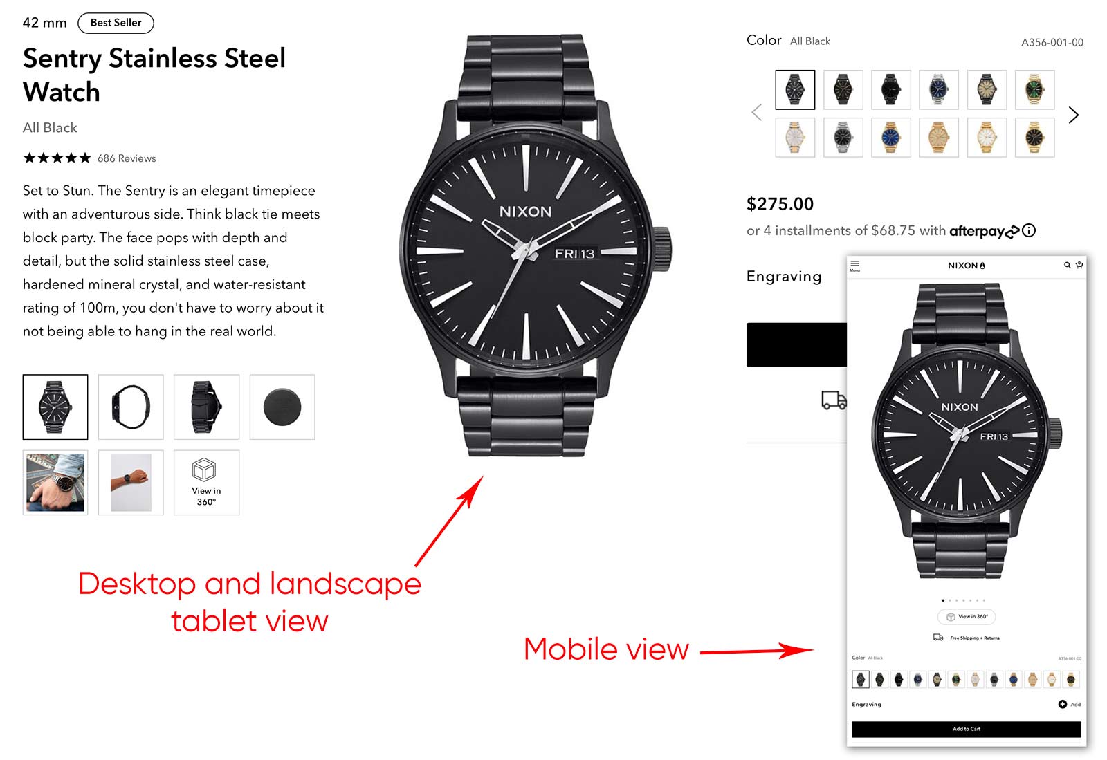 Nixon watch product page, featuring a large image of a stylish watch