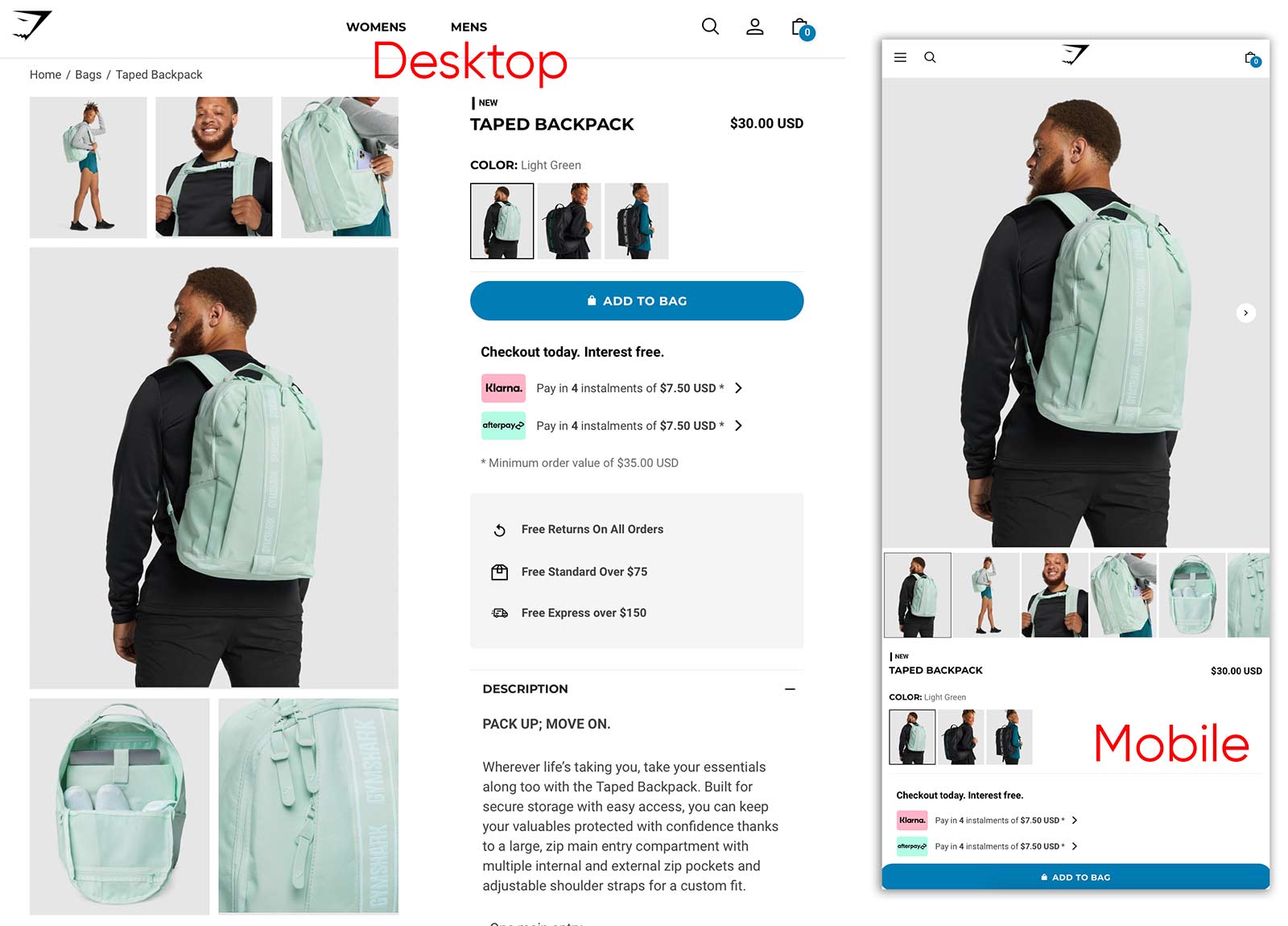 Gymshark backpack product page, showing several product use images in a grid