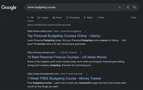 Screenshot of Google search results for "home budgeting course"