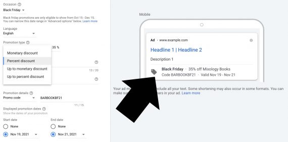 Screenshot from Google Ads interface showing the setup for promotion details