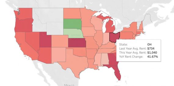 A screenshot of a map from ApartmentGuide.com showing U.S. rental prices by state.