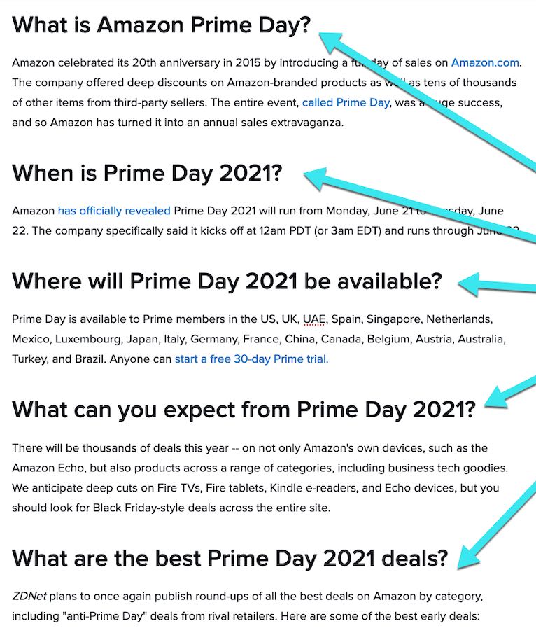Screenshot of a Q&A web page involving Amazon Prime with each question a subheading. 