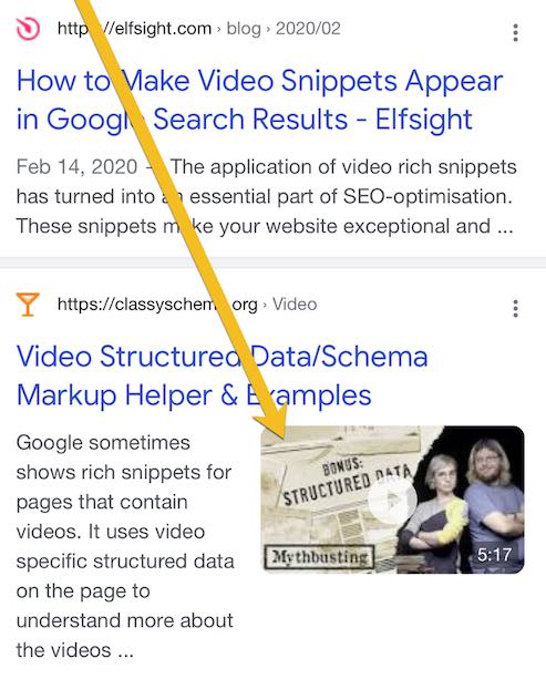 Screenshot of mobile search results showing a video rich snippet from Classyschema.org