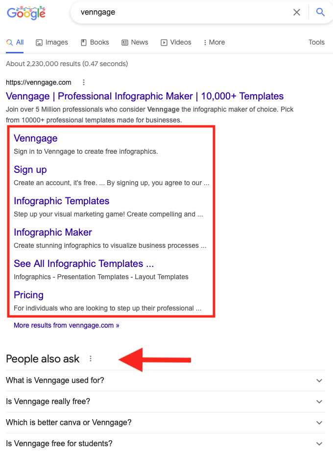 Screenshot of Venngage sitelinks and the "People also ask" section below it
