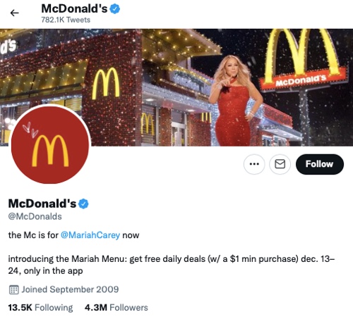 Screenshot of the McDonald's campaign on Twitter showing Mariah Carey in front of a McDonald's restaurant