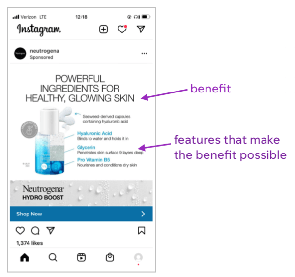 ad copy examples - instagram ad with feature benefit copy