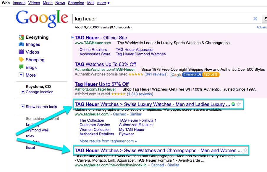 Screenshot from old Google SERPs showing the results for "tag heuer" query