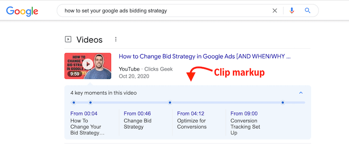 best marketing strategies of 2022 - video clip markup in the SERP