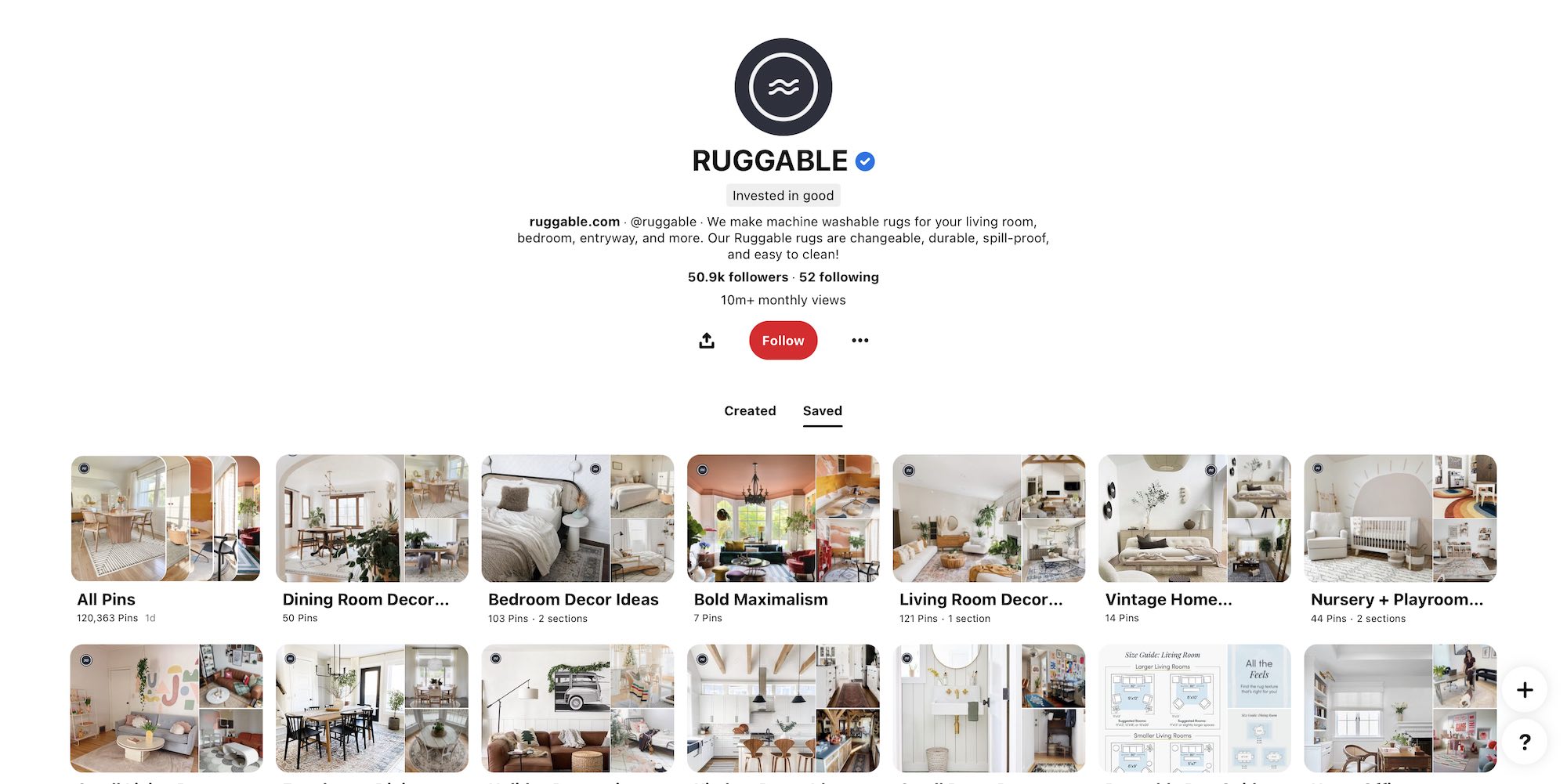 Screenshot of Ruggable's Boards on Pinterest.
