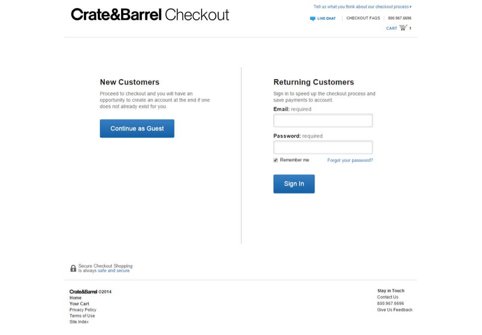 customer-friendly checkout page of “Create & Barrel”