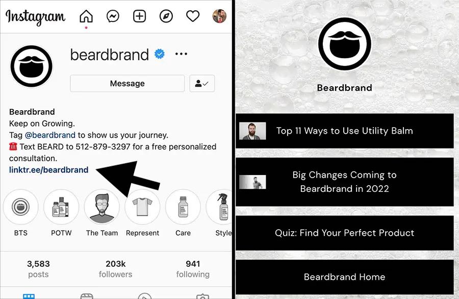 On the left is a screen capture of the Beardbrand Instagram page, including a bio link. On the right, is Beardbrand's link page.