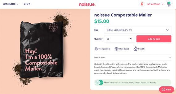 Screenshot of Noissue compostable mailer