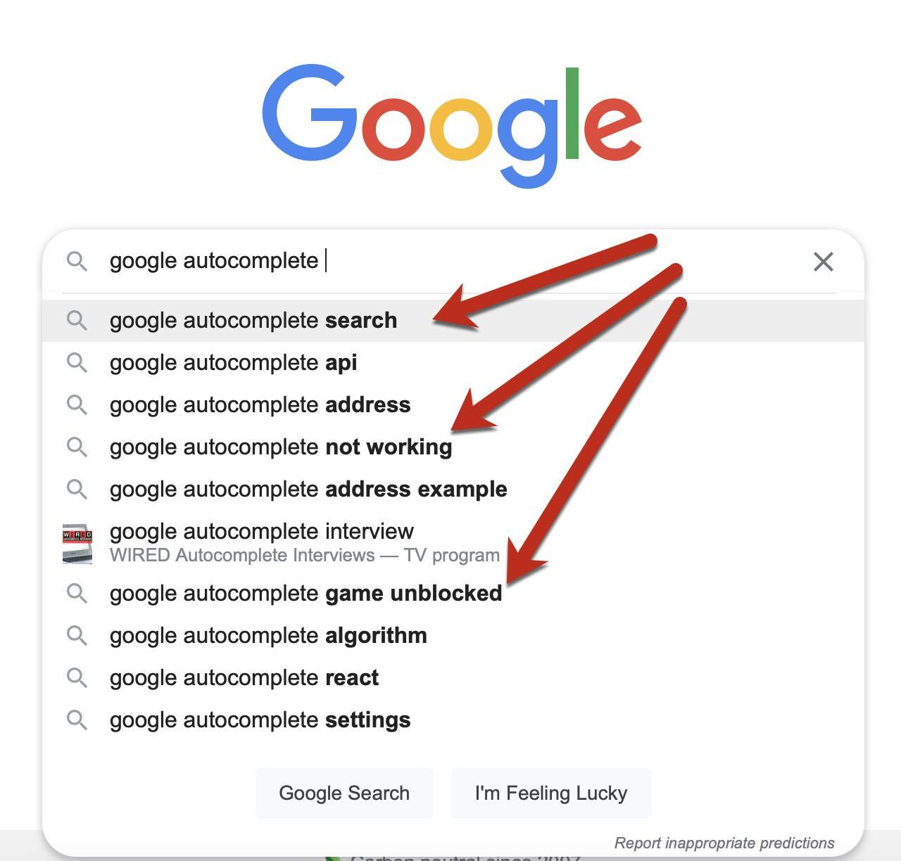 Screenshot of a Google autocomplete screen for the query "google autocomplete"