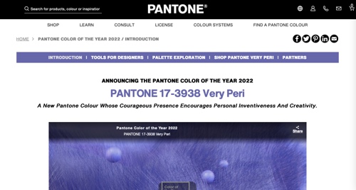 Screenshot of Pantone Color of the year web page