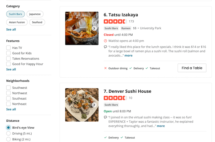 how to market a restaurant - yelp search results