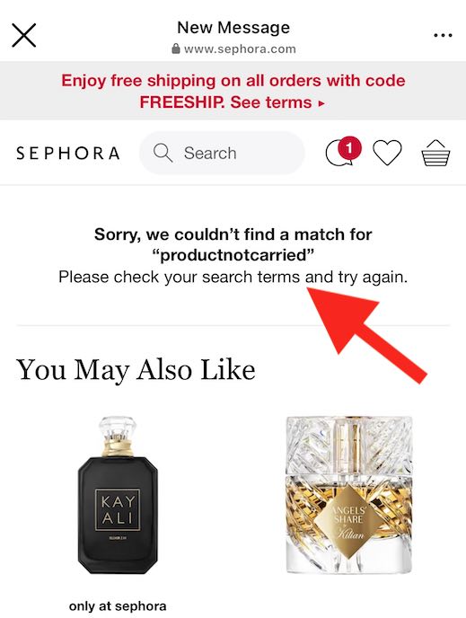 Screenshot of Sephora's web page showing a broken link