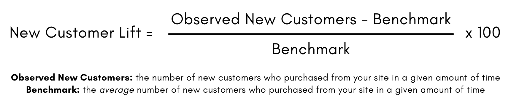 Formula for New Customer Lift: Number of New Customers minus the benchmark, divided by the benchmark, times 100.
