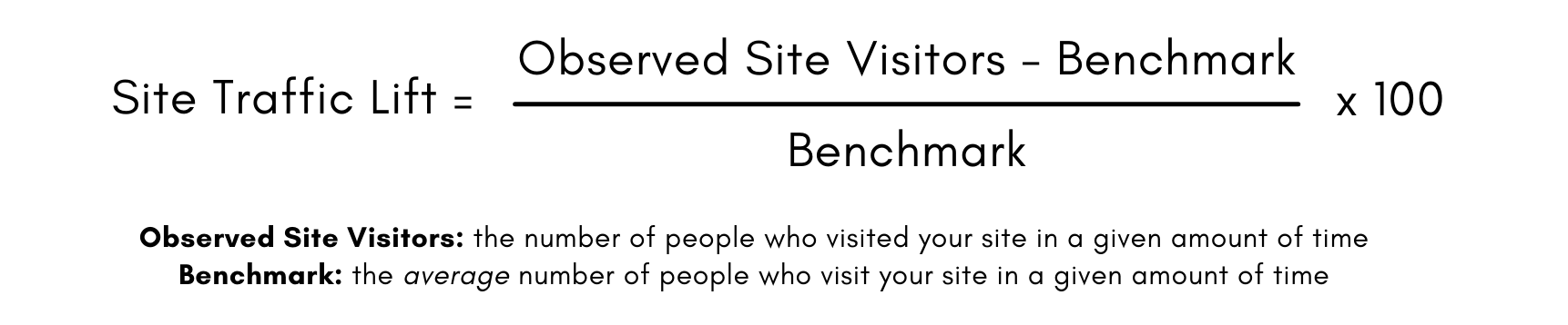 Formula for Site Traffic Lift: Number of Site Visitors minus the benchmark, divided by the benchmark, times 100.