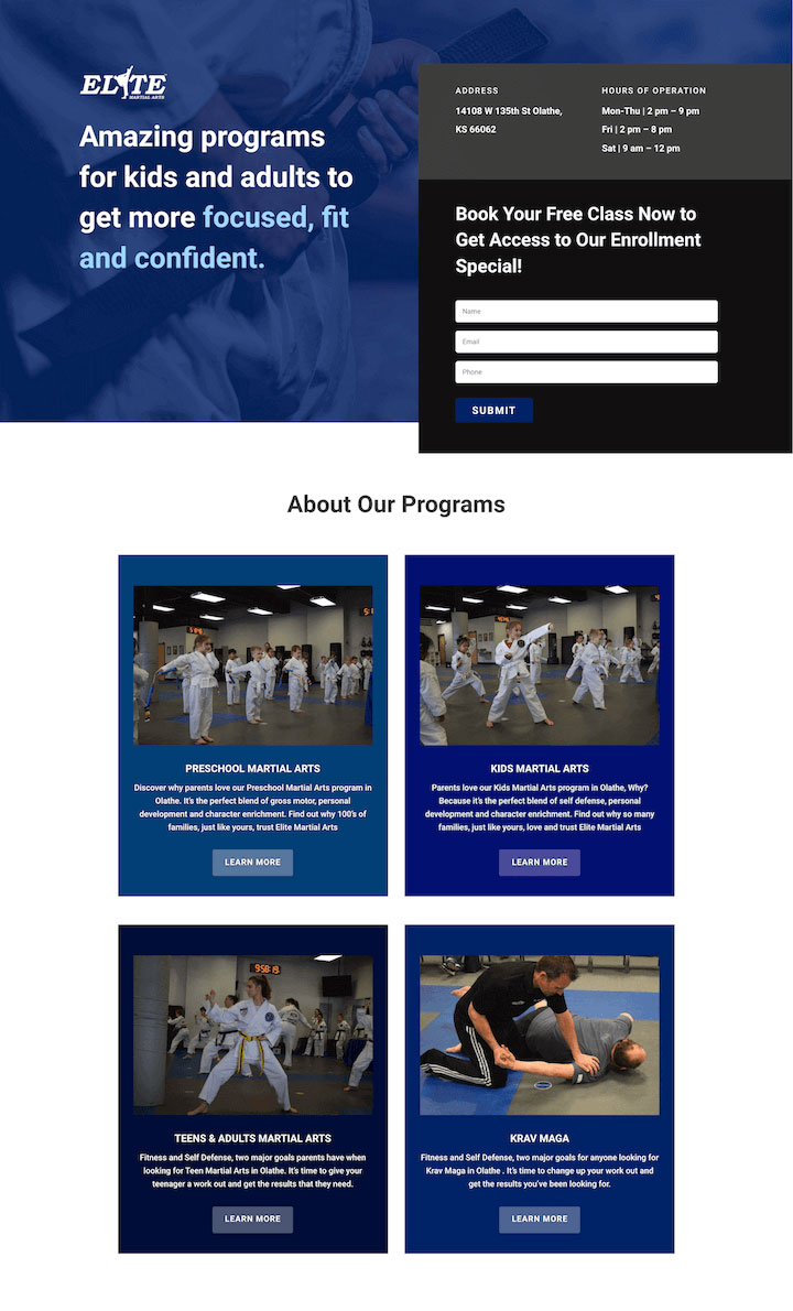 landing page examples - elite martial arts confidence