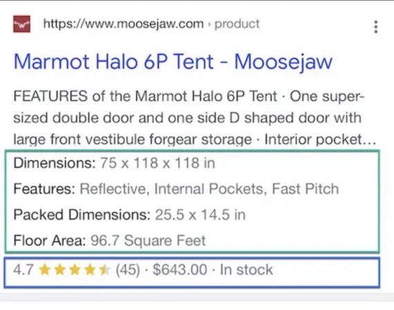 Screenshot of an organic search listing from Moosejaw with rich and structured snippets.