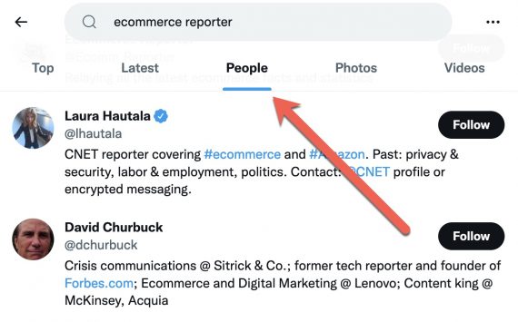 Screenshot of Twitter search ecommerce + reporter