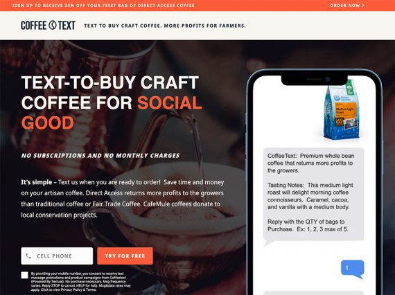 Screenshot of Coffee Text home page