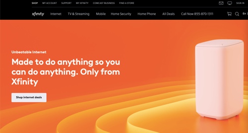 Screenshot of Xfinity internet service web page.