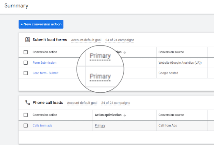 primary conversion actions in google ads