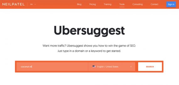 Screenshot of Ubersuggest home page