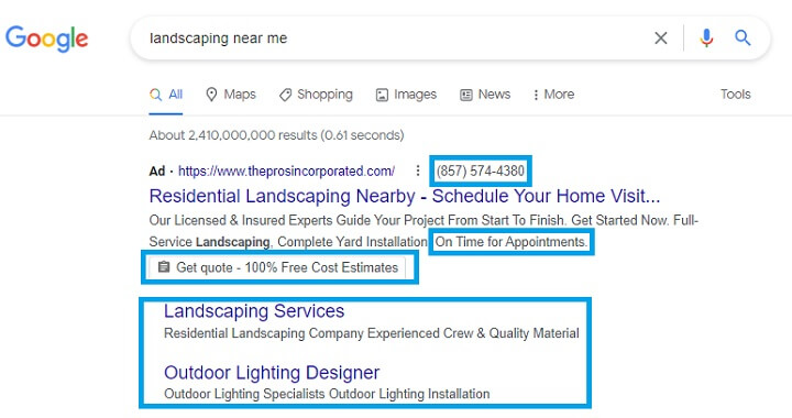 google ad extensions - screenshot of search ad with multiple google ad extension examples