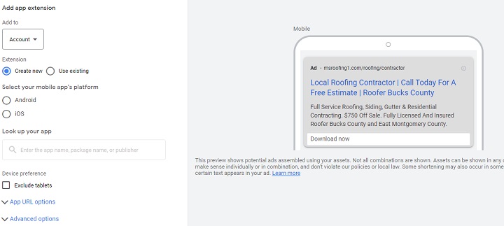 google ad extensions - app extension settings screenshot