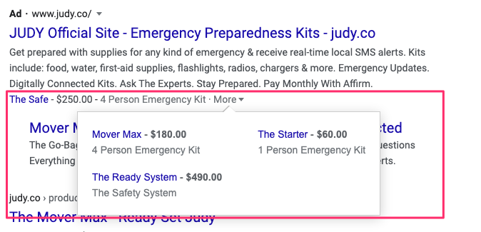 google ad extensions - price extension example on serp