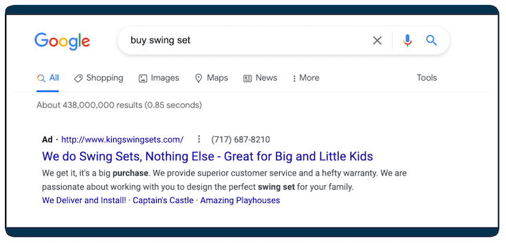 google ads examples - swing set ad