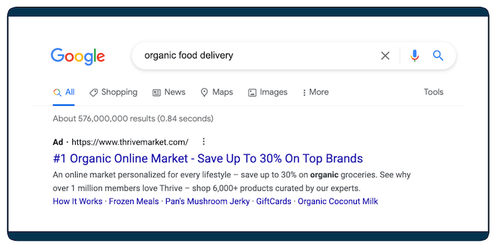 google ads examples - thrivemarket serp ad