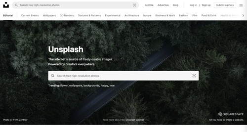 Screenshot of Unsplash stock image search.