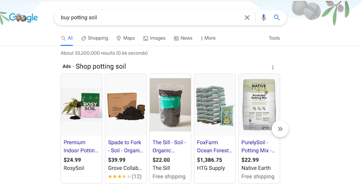 commercial intent search example for "buy potting soil"