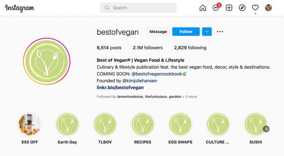 Screenshot of Best of Vegan page on Instagram