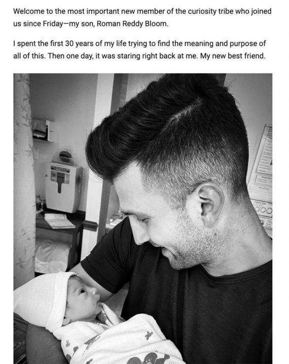 Screenshot of Sahil Bloom introducing his newborn son in his May 18, 2022 newsletter.