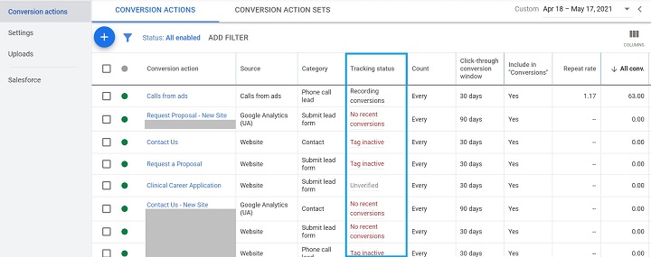 google ads conversion tracking - example of conversion screen that shows the status column